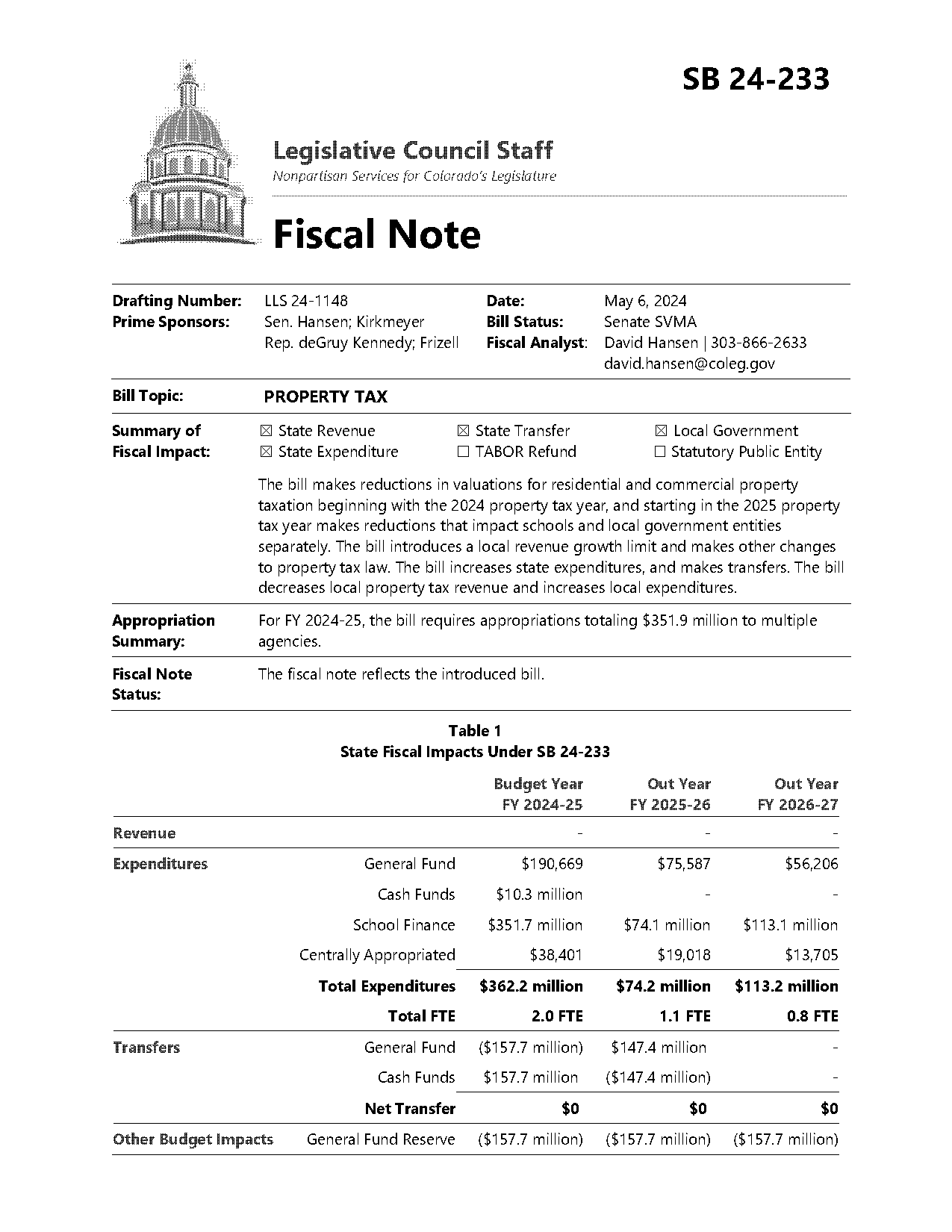 tax bill summary table